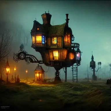 intricate, elegant, highly detailed landscape shot, twilight, little mechanical village, steampunk style, diffuse blue lighting,