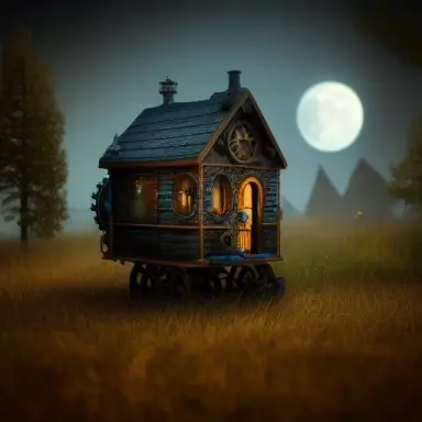 intricate, elegant, highly detailed landscape shot, twilight, little mechanical solitary house on wooden wheels, steampunk cloc