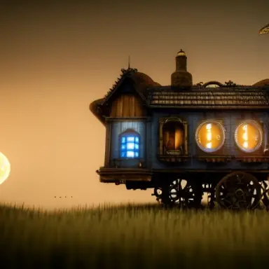 intricate, elegant, highly detailed landscape shot, twilight, little mechanical solitary house on wooden wheels, steampunk cloc