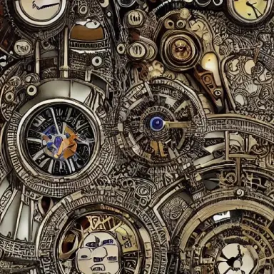 a clockwork family at the factory they call home, by todd mcfarlane, intricate detail, masterpiece, 8k, space, horror, dark, nig