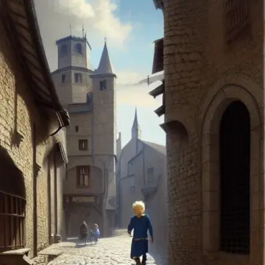 blond boy with blue eyes walking through medieval town realistic image, highly detailed, sharp focus, illustration, art by greg