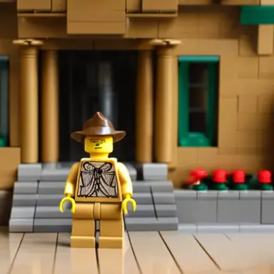Lego Indiana Jones in front of a house