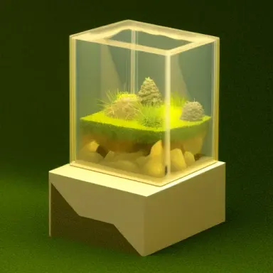 Tiny cute isometric terrarium in a cutaway box, soft smooth lighting, soft colors, yellow and blue color scheme, soft colors, 20