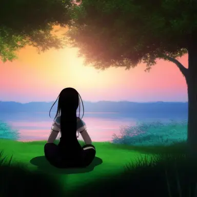An anime girl sitting next to a lake in the sunset