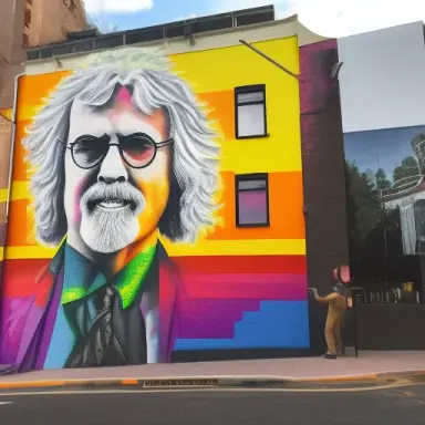 Man painting a picture of Billy Connolly on the end of a building, small brick texture showing through paint, busy street, in th