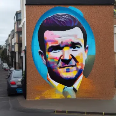 Man painting a picture of Scottish comedian Kevin Bridges on the end of a building, small brick texture showing through paint, b