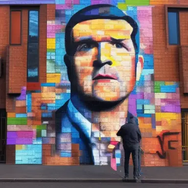 Man painting a picture of Scottish comedian Kevin Bridges on the end of a building, small brick texture showing through paint, b