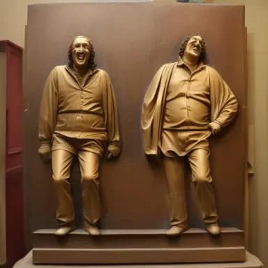 A large carving of the English comedians the two Ronnie’s in the style of Lorenzo Ghiberti