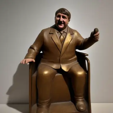 A large carving of the English comedian Peter Kay sitting in a wheelchair, in the style of Lorenzo Ghiberti