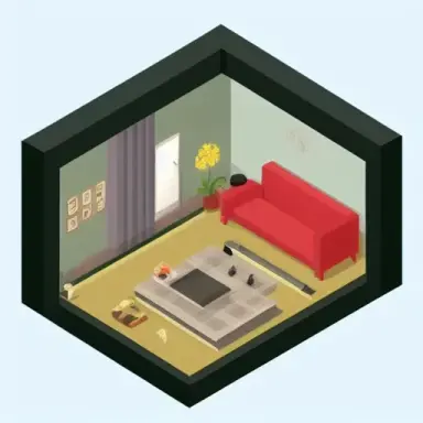 tiny cute isometric living room in a cutaway box
