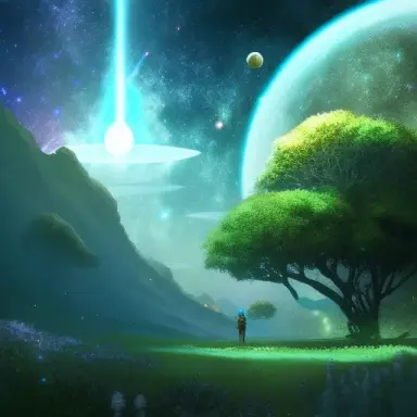 Fantasy world, space, galaxy, star dust, magical, tree, detailed, landscape, trending on Artstation, epic fantasy solarpunk, bes