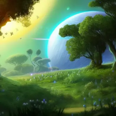 Fantasy world, space, galaxy, star dust, magical, tree, detailed, landscape, trending on Artstation, epic fantasy solarpunk, bes
