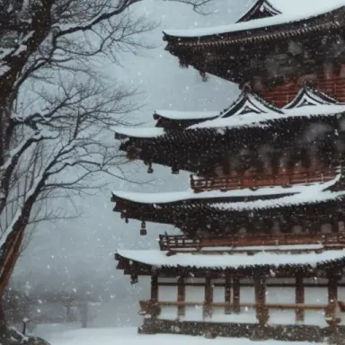 female beautiful god athenea, background with a japanese castle snowing, high quality