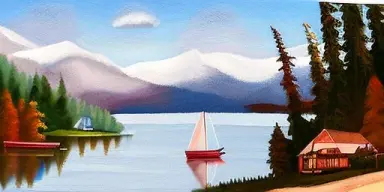 summer camp in mountains; lake; boating by anne gifford oil on canvass