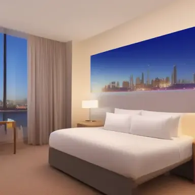 photorealistic hotel room windows white walls at night blurry skyline wide
