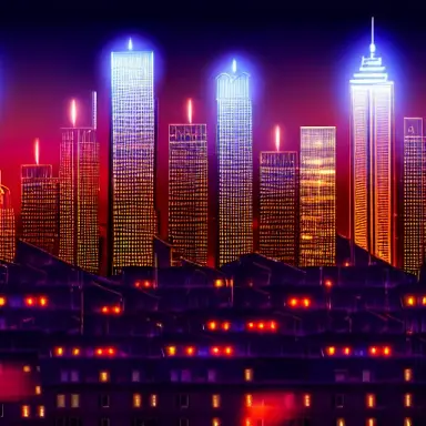 photorealistic rooftop night skyline lights buildings wide central perspective bokeh