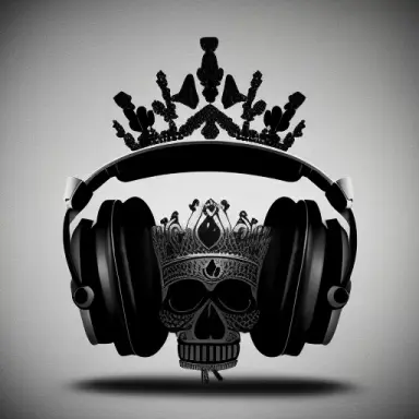 (((skull in headphones))), feathers, symmetry, dark, shades of gray, cinematographic shadows, ((logo)), (((crown)))