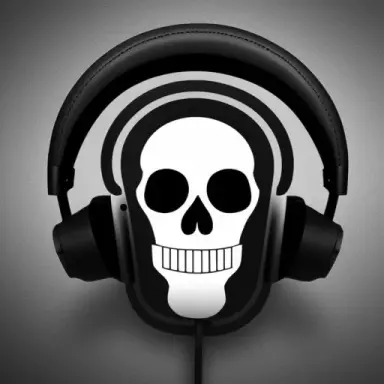 (((skull in headphones))), feathers, symmetry, dark, shades of gray, cinematographic shadows, ((logo)), (((crown)))