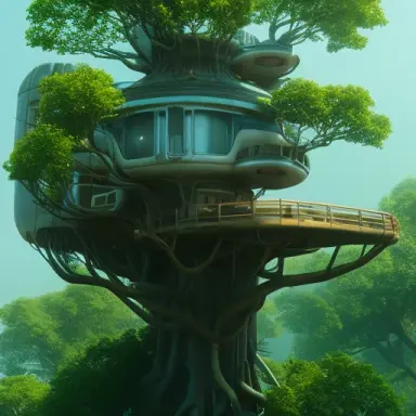 futuristic tree house, hyper realistic, epic composition, cinematic, landscape vista photography by Carr Clifton and Galen Rowell,