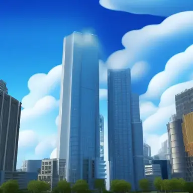hyper realistic, megapolis, skyscraper in distance, big curly clouds, blue sky