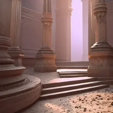 temple in ruines, forest, stairs, columns, cinematic, detailed, atmospheric, epic, concept art, Matte painting, background, mist