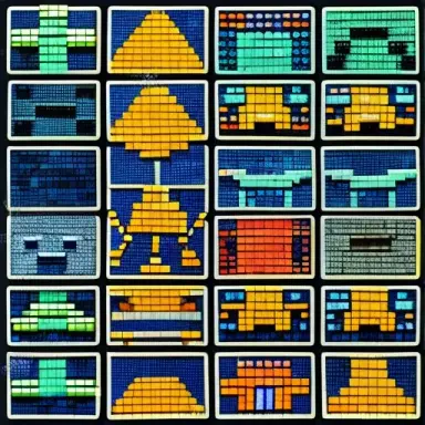 [mosaic] of Space Invaders, high quality coloured photo, perfectly geometric square tiles, extremely realistic archeological ima