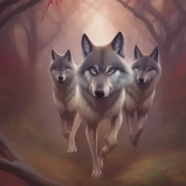 wolves running in a forest, fantasy, dreamlike, intricate, stanley artgerm lau, greg rutkowski, thomas kinkade, alphonse mucha,