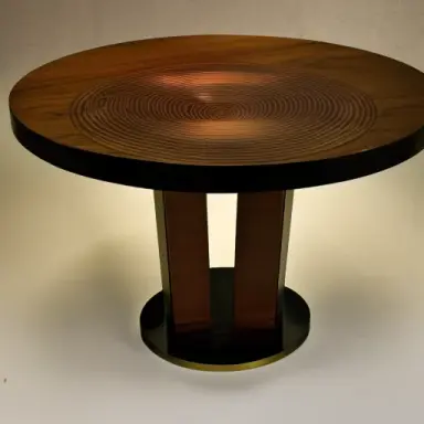 a luxury futurist circle table with plate in wood