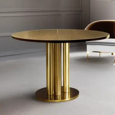 a luxury futurist brass leg circle table with plate in wood