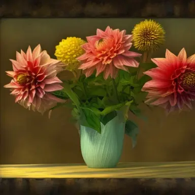 dahlias, Vincent van Gogh painting, 3 D, highly detailed, smooth, sharp focus, matte, illustration, digital paint, sharp, dramat