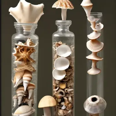 seashells; watch parts; mushrooms in tall glass jar