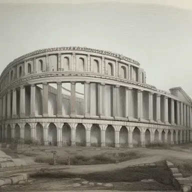 Coleseum that has been overtaken with nature, style of Étienne Louis Boullée grand drawing, anciant greek, grand, big scale