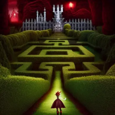 the jabberwocky hidden in the hedge maze attacks alice, film noir, wonderland, dark fantasy, hyper detailed
