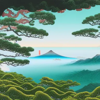ukiyo e painting of yakushima national park, insane detail, intricate, highly detailed, carl zeiss 50mm planar f 0.7, dslr photo
