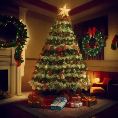 christmas tree, christmas, garlands, christmas decoration, dim lighting, view from below, in the room, detailed, detailed lighti
