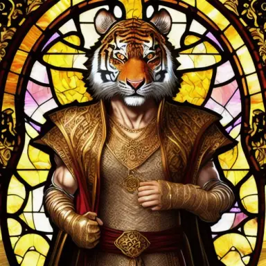 anthropomorphic tiger, cleric, kind, male, horny, golden eyes, portrait, full body shot, character, stained glass in the backgro