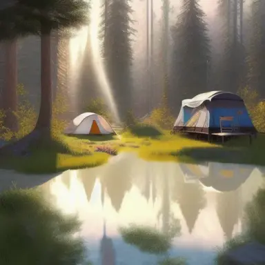 campground photographie, photorealistic fantasy, art by Quentin Blake , in the style of Quentin Blake, Pinterest Pixar, sunli