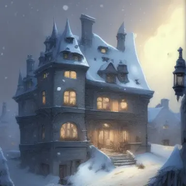 vieille maison 1 étage, tempête de neige, comic, art by Anton Pieck, in the style of , Artstation, moonlight,