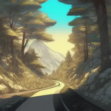 mountain wood road in the distance, drawing color, art by Utamaro, in the style of Patrice Murciano, natural lighting sunlight