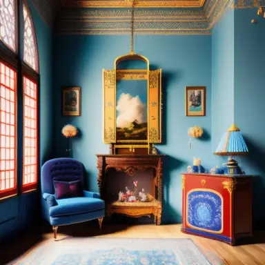 photo hyperrealistic of a surreal still life with big many big cotton clouds in the room, candles lighted, big exotic flying bir