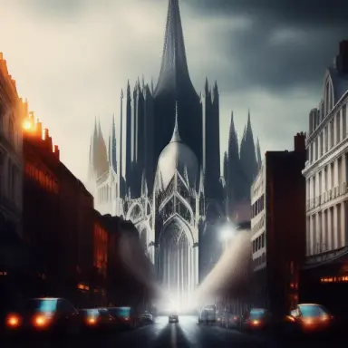 realistic Portrait Blaise Pascal gotham city cinematic style with Clermont Ferrand cathedral in background