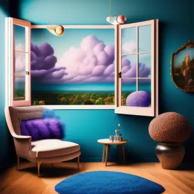 photo hyperrealistic of a surreal still life with big many big cotton clouds in the room, candles lighted, big exotic flying bir