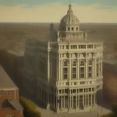 A victorian era painting of a sleek modern building for a social media company. Birds eye view