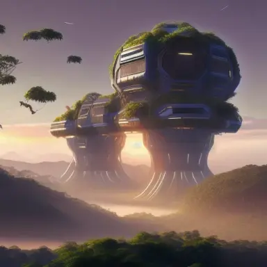 solarpunk landscape, arcology, sunrise, rainforest, photorealistic