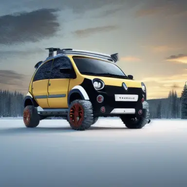 Futuristic all terrain Renault Twingo with a buffalo screen, roof racks and a winch on the snow and a sunrise, high quality 3D r