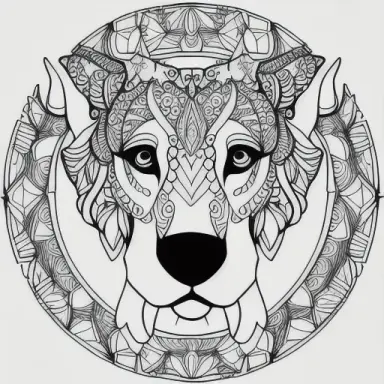((coloring page)), mandala, realistic dog, uncolorized, black and white, thin lines, empty spaces, masterpiece, square page, mas