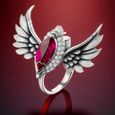 ring jewelry silver metal , ruby pear shape, filigree angel wings ,fantasy style,marketplace composition,studio light