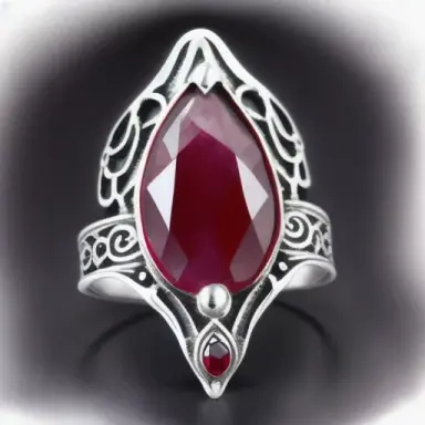 ring jewelry silver metal , ruby pear shape, filigree angel wings ,watercolor sketch style