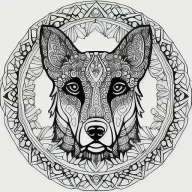 (coloring page), mandala, realistic dog, uncolorized, black and white, thin lines, empty spaces, masterpiece, square page, maste