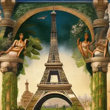 The Eiffel Tower in the Hanging Gardens of Babylon, a magnificent, sophisticated and detailed ancient mural frieze